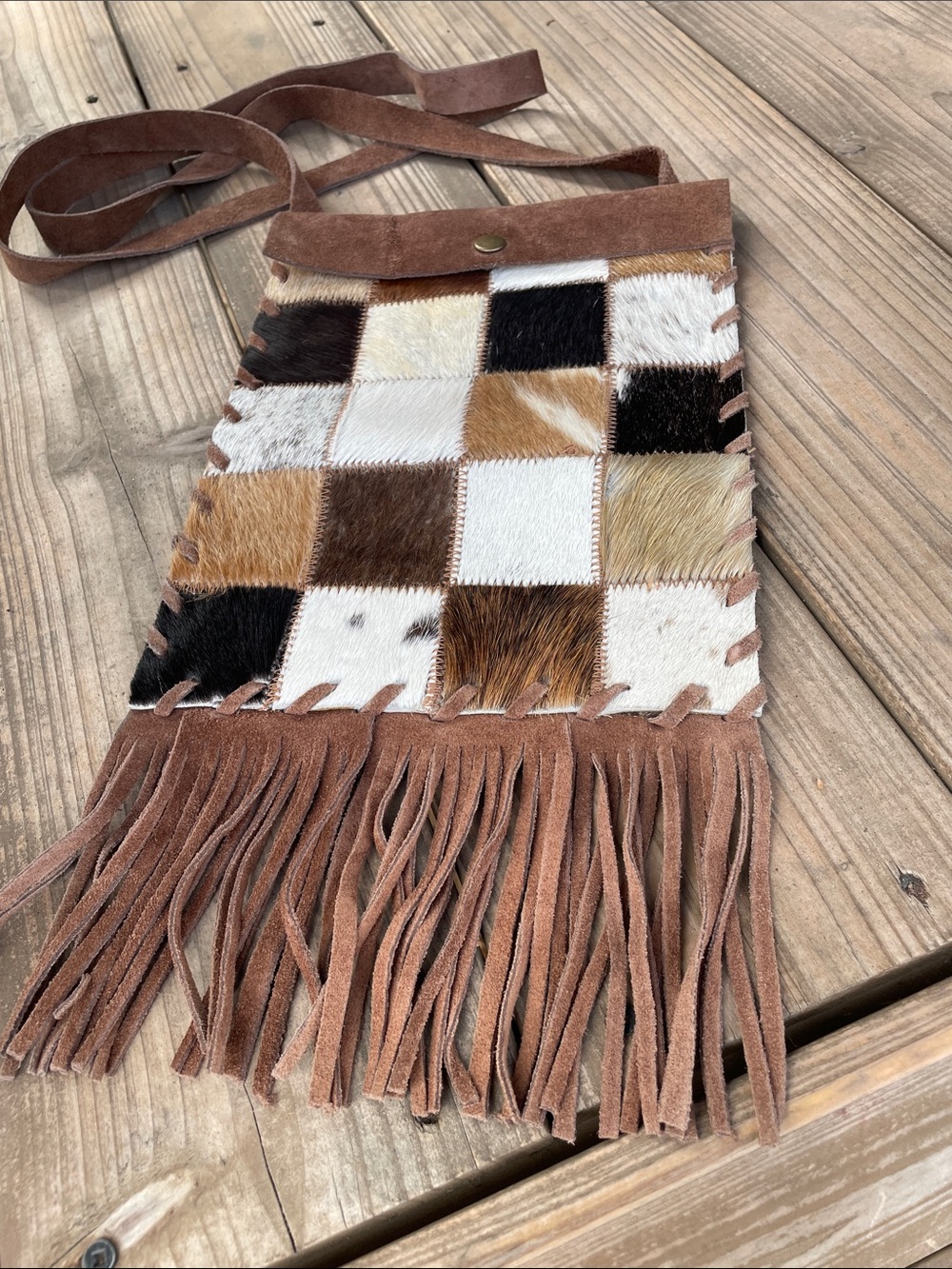 Vintage 70’s Fringed Patchwork Cowhide Crossbody Bag - Brown Multi  Beautiful!